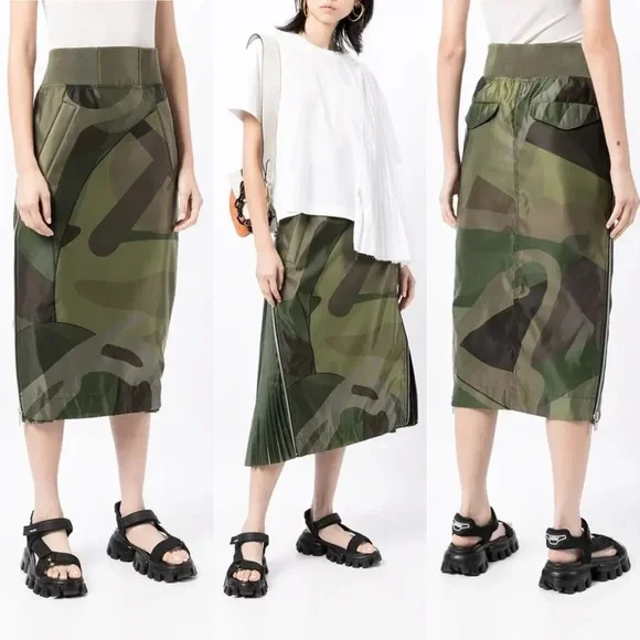 SACAI X Kaws Skirt Camo Pleated Designer Green $975 - Picture 1 of 11